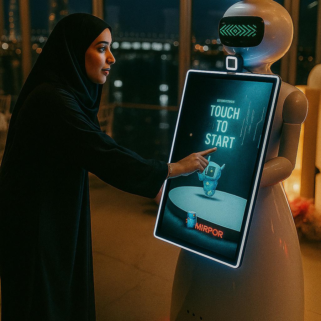 AI Robot Photo Booth at Dubai exhibition capturing branded, AI-enhanced photos for corporate event attendees in a vibrant, tech-driven setting